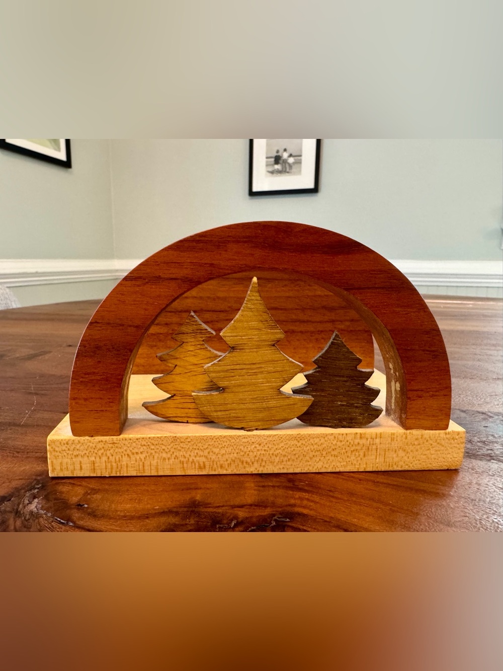 Handcrafted Wooden Napkin Card Holder Christmas Fir Trees Forest Woodlands VTG